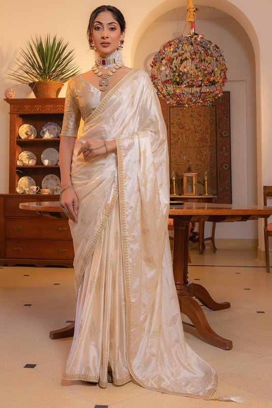 Engaging Off White Color Silk Fabric Saree With Embroidered Work