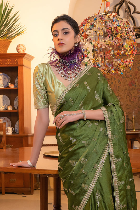 Green Color Embroidered Work On Silk Fabric Chic Saree