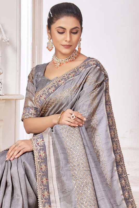 Embroidered Work On Captivating Silk Fabric Saree In Grey Color