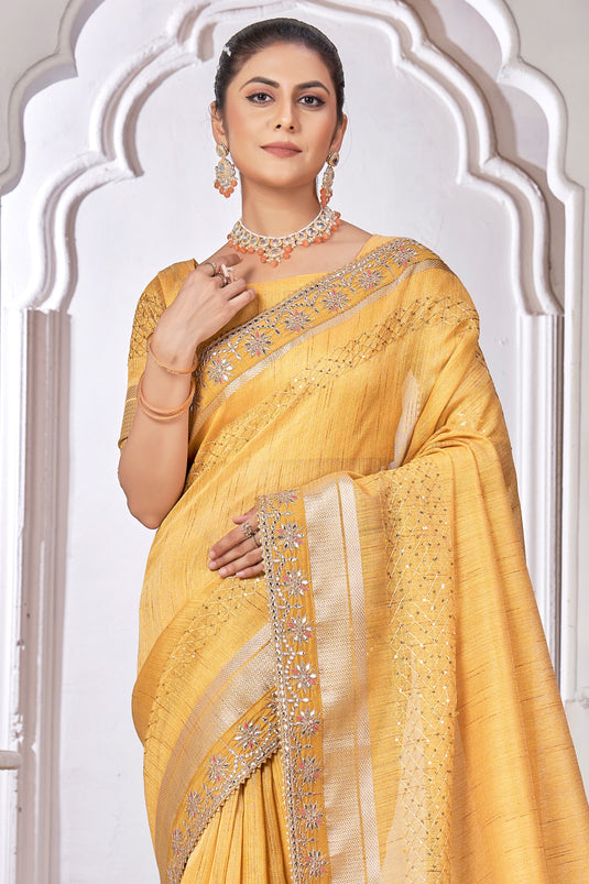 Embroidered Work On Awesome Silk Fabric Saree In Yellow Color