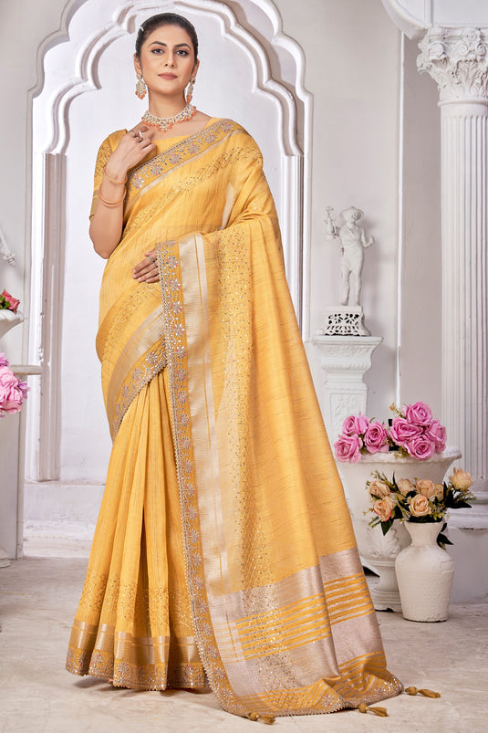 Embroidered Work On Awesome Silk Fabric Saree In Yellow Color