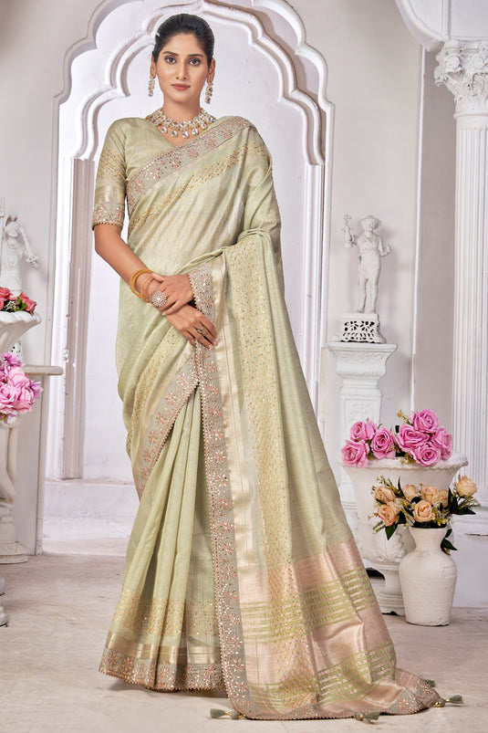 Cream Color Fantastic Silk Fabric Saree With Embroidered Work