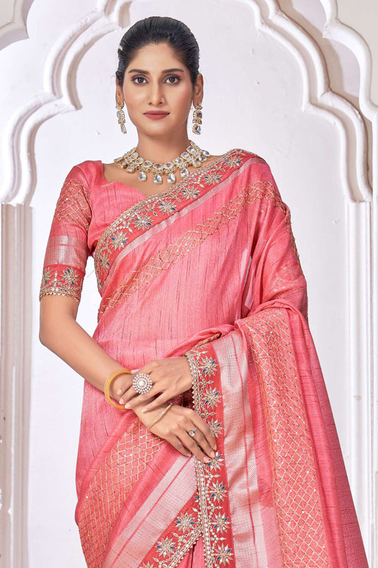 Appealing Embroidered Work On Silk Fabric Saree In Pink Color