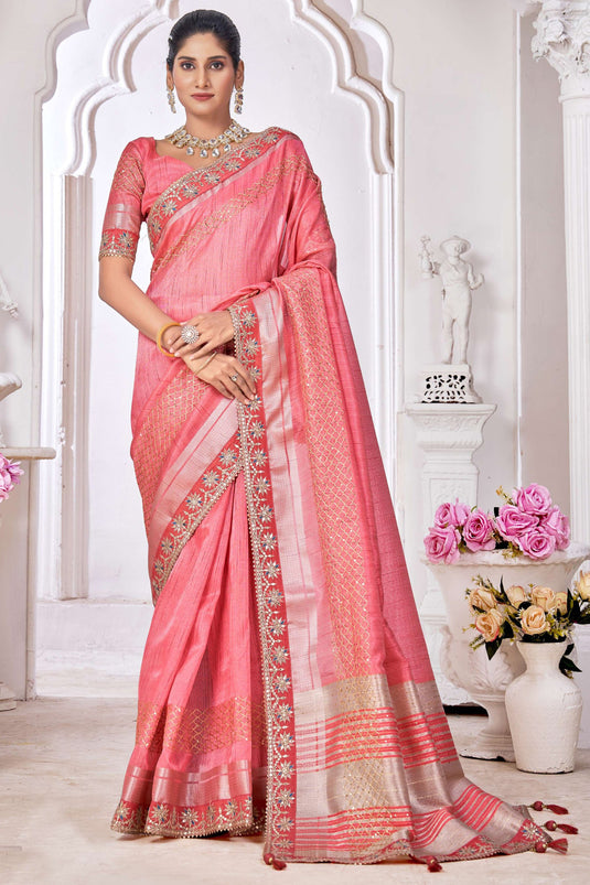 Appealing Embroidered Work On Silk Fabric Saree In Pink Color