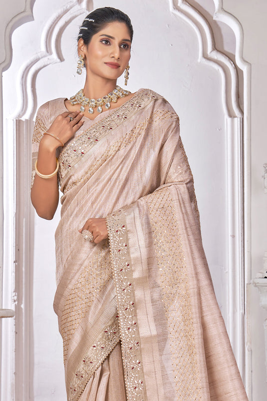 Embroidered Work On Flamboyant Silk Fabric Saree In Beige Color