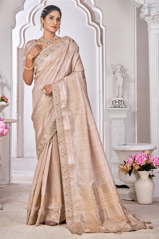 Embroidered Work On Flamboyant Silk Fabric Saree In Beige Color