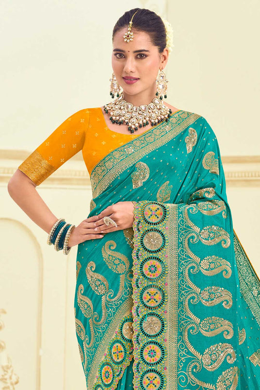 Sea Green Color Brilliant Weaving Designs Silk Saree