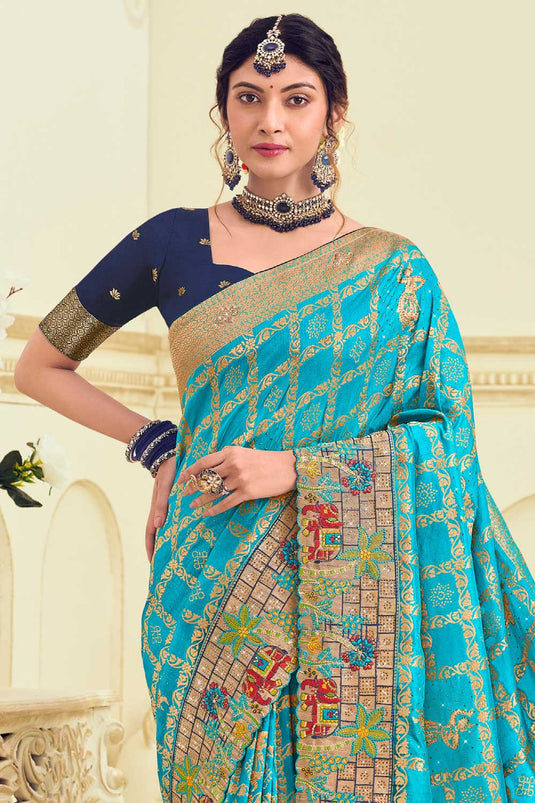 Delicate Cyan Color Weaving Designs Silk Saree