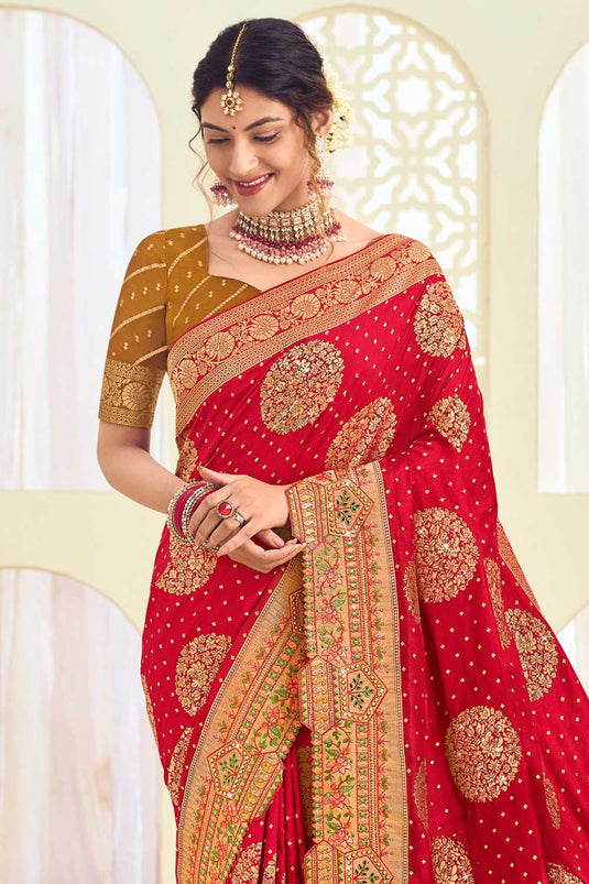 Blazing Red Color Weaving Designs Silk Saree