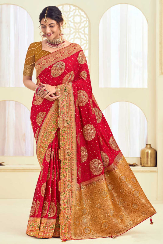 Blazing Red Color Weaving Designs Silk Saree