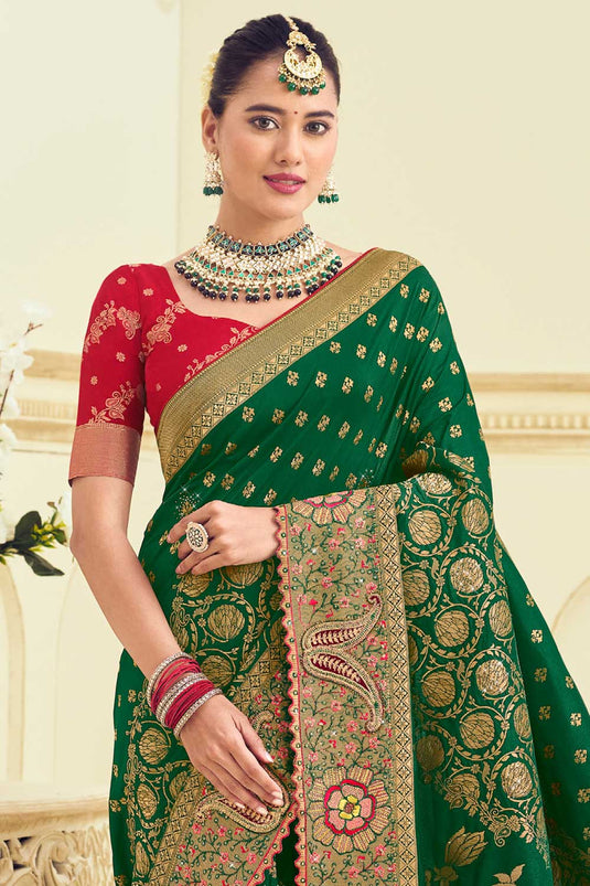 Alluring Dark Green Color Weaving Designs Silk Saree