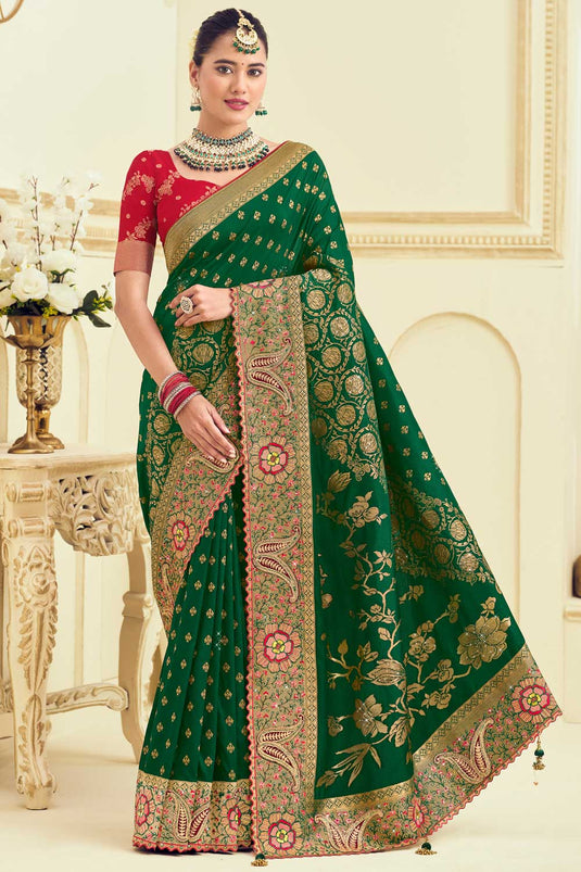 Alluring Dark Green Color Weaving Designs Silk Saree