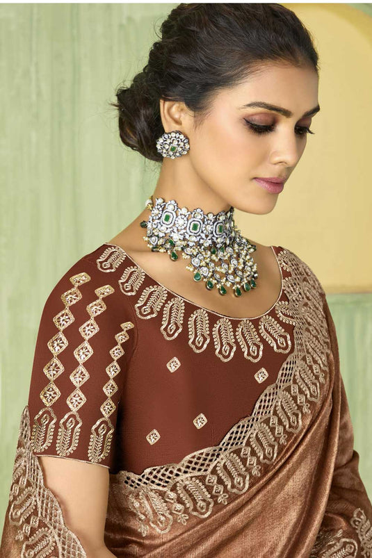 Dazzling Brown Color Silk Fabric Saree