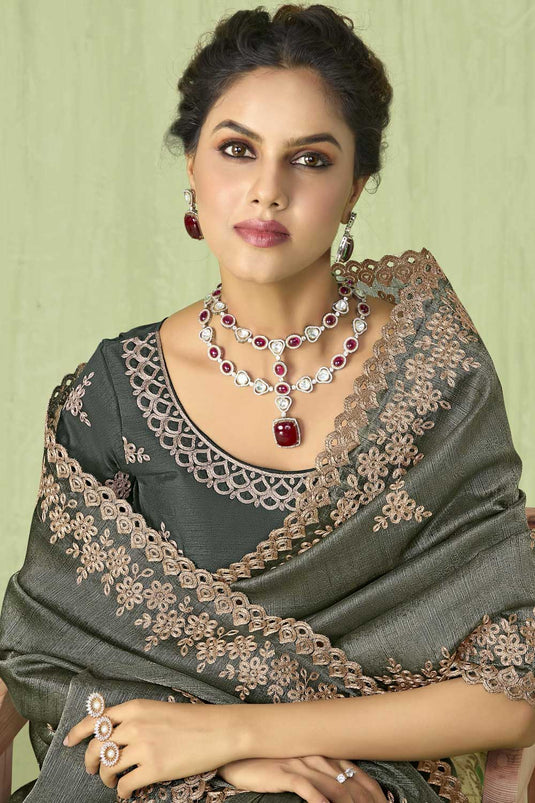 Grey Color Silk Fabric Classic Saree