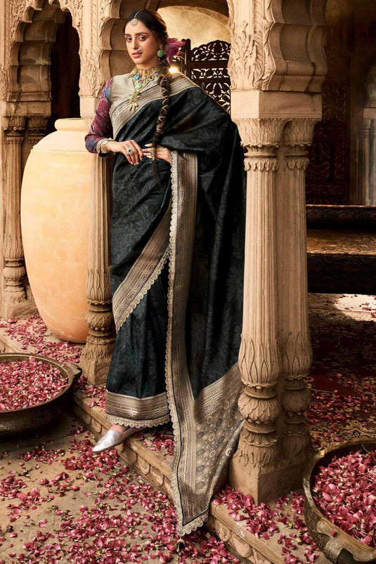 Trendy Banarasi Silk Black Color Saree In Festive Wear