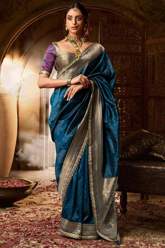 Teal Color Festive Wear Banarasi Silk Chic Saree