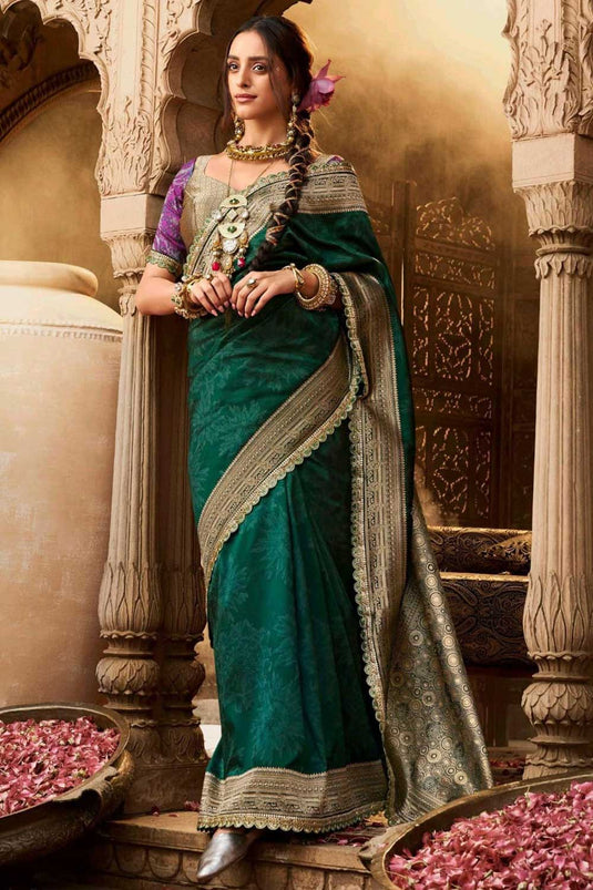 Festive Wear Banarasi Silk Green Color Gorgeous Saree