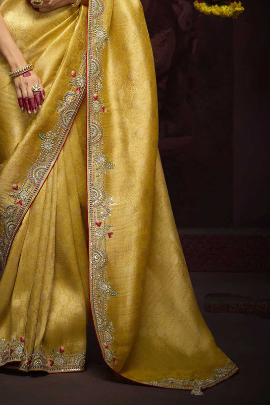 Excellent Mustard Color Border Work Silk Saree