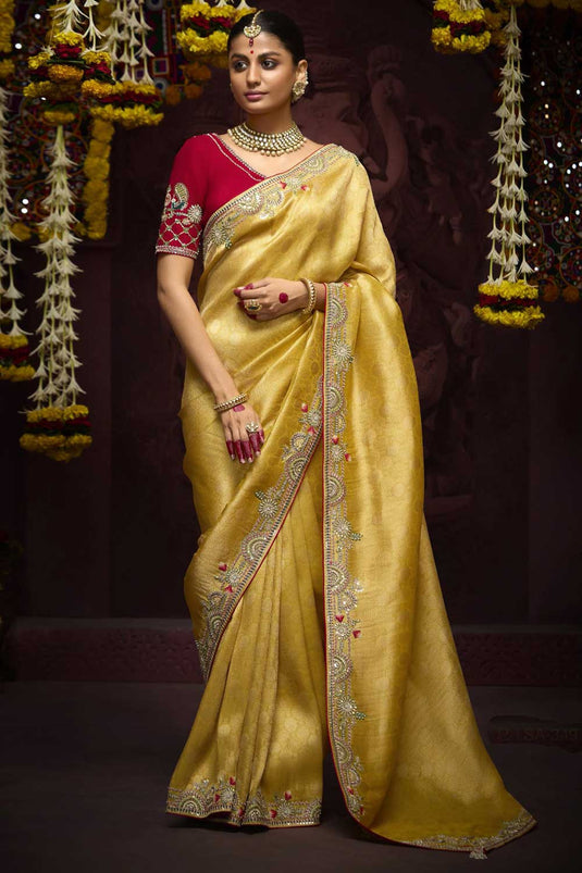 Excellent Mustard Color Border Work Silk Saree