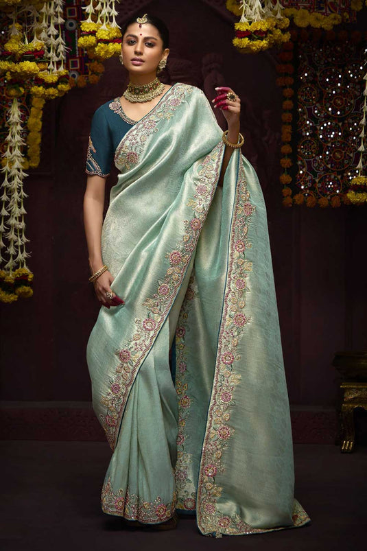 Beguiling Sea Green Color Border Work Silk Saree