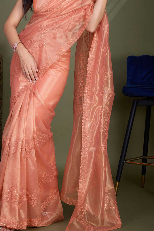 Traditional Peach Color Net Fabric Saree