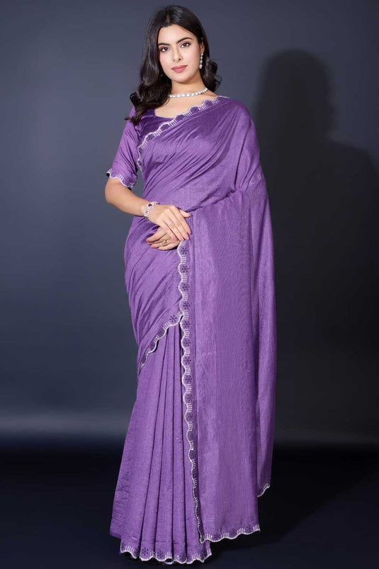 Lavender Color Exquisite Border Work Fancy Fabric Saree