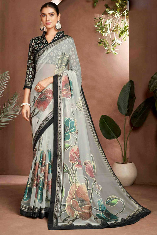 Excellent Brasso Fabric Grey Color Digital Printed Saree