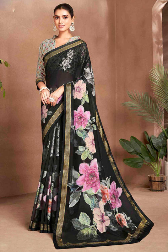 Incredible Digital Printed Brasso Fabric Black Color Saree