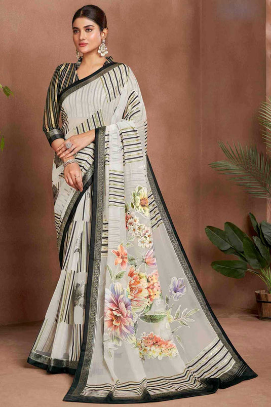 Classic Digital Printed White Color Saree In Brasso Fabric