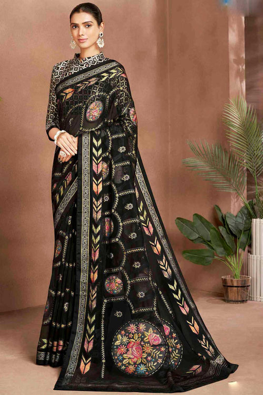 Marvellous Digital Printed Brasso Fabric Saree In Black Color