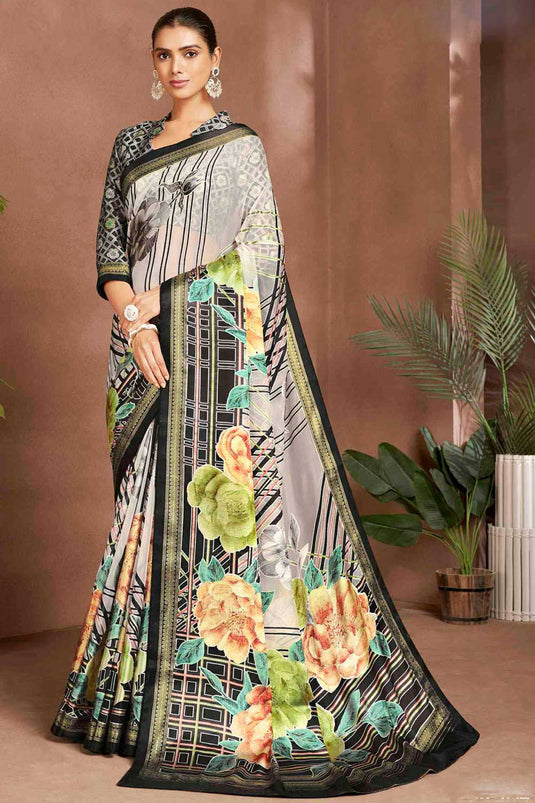 Digital Printed Off White Color Brasso Fabric Beauteous Saree