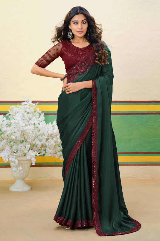 Opulent Dark Green Shimmer Silk Function Wear Saree