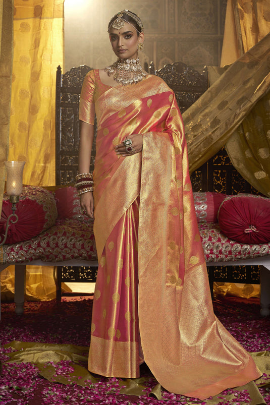 Shimmering Peach Traditions Wedding Function Saree