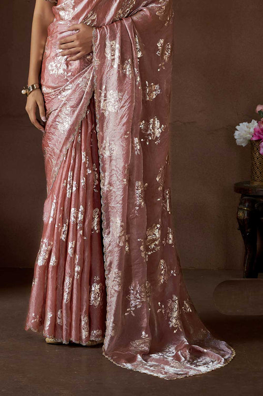 Peach Color Function Wear Brilliant Satin Silk Saree