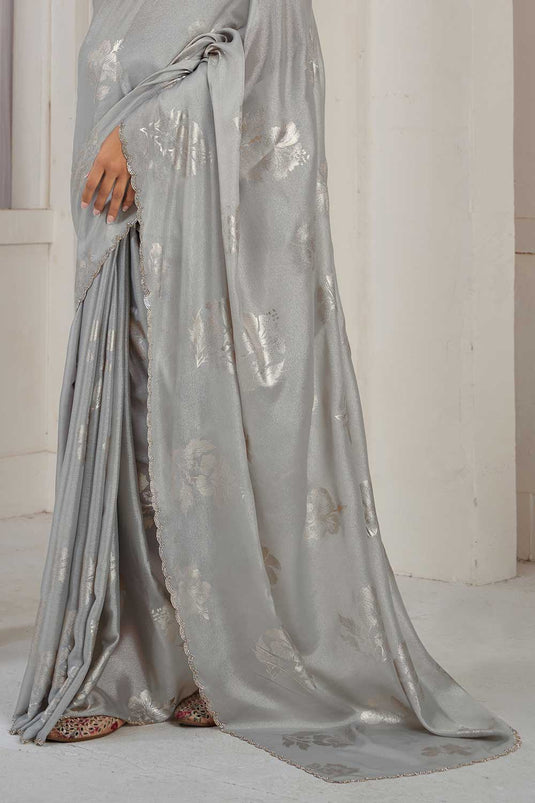 Grey Color Glamorous Function Wear Satin Silk Saree