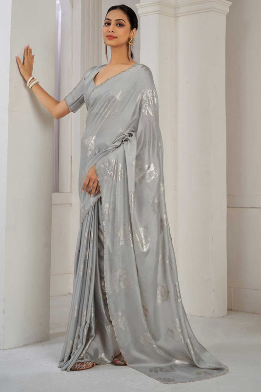 Grey Color Glamorous Function Wear Satin Silk Saree