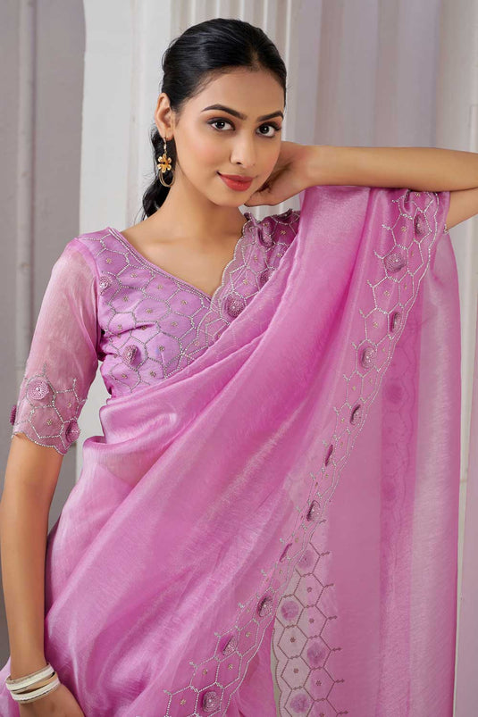 Soothing Organza Fabric Saree In Pink Color