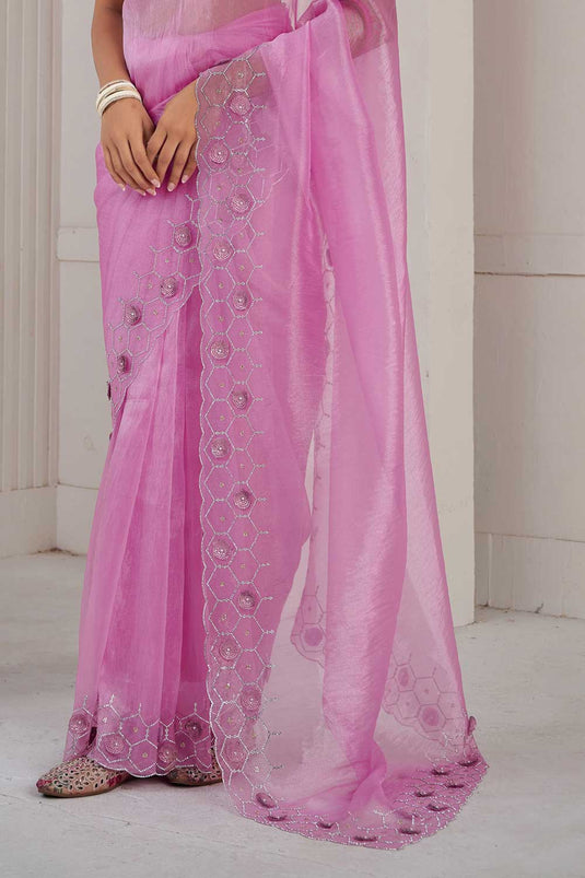 Soothing Organza Fabric Saree In Pink Color