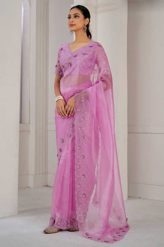 Soothing Organza Fabric Saree In Pink Color