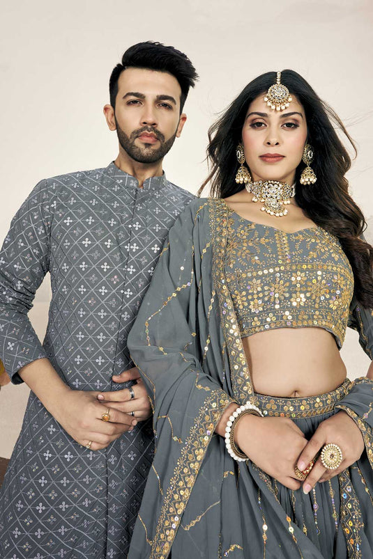 Grey Color Attractive Georgette Sequins Work Couple Wear Set