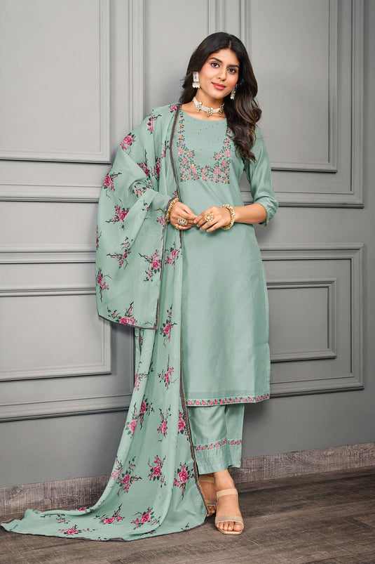 Attractive Festive Wear Sea Green Color Cotton Silk Readymade Salwar Suit