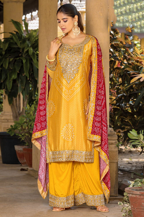 Chinon Yellow Bandhani Print Readymade Palazzo Salwar Suit