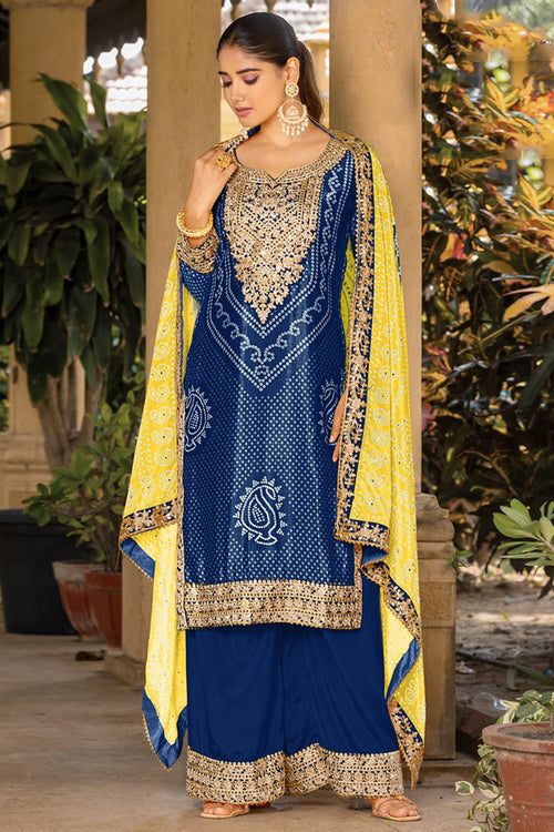 Bandhani Print Navy Blue Chinon Readymade Palazzo Salwar Suit