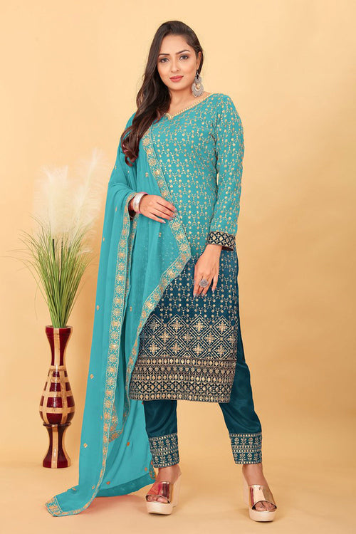 Georgette Cyan Embroidered Readymade Straight Cut Dress