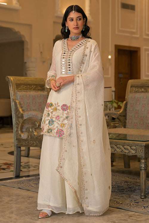 Off White Premium Embroidered Palazzo Salwar Kameez With Floral Dupatta