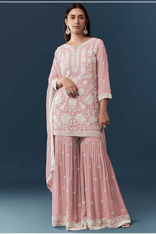 Pink Embroidered Georgette Chiffon Palazzo Suit