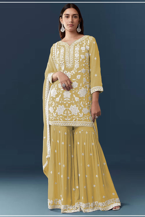 Yellow Embroidered Georgette Chiffon Palazzo Salwar Kameez
