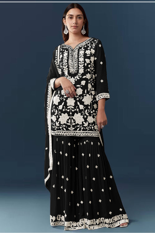 Embroidered Black Georgette Chiffon Palazzo Suit