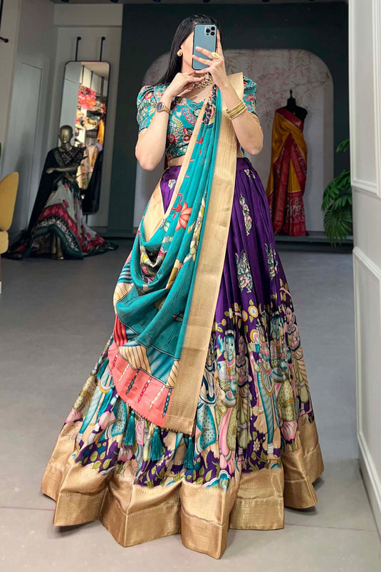 Beguiling Purple Color Dola Silk Fabric kalamkari printed Lehenga