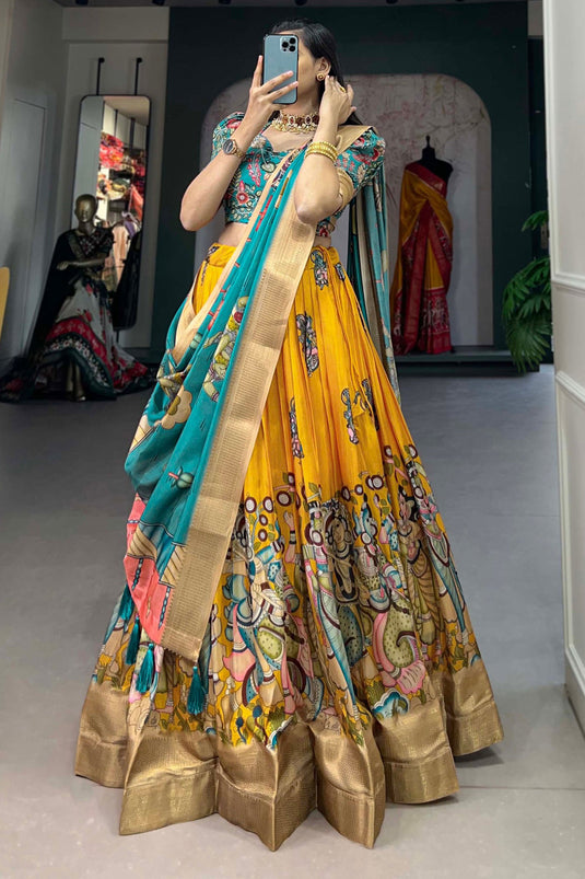 Incredible Dola Silk Fabric Yellow Color kalamkari printed Lehenga